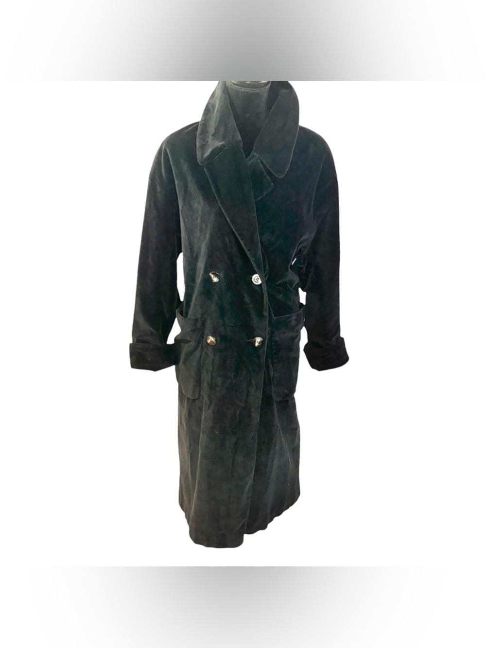 Vintage Spiegel Black Double-Breasted Velvet Trench Coat Size Large